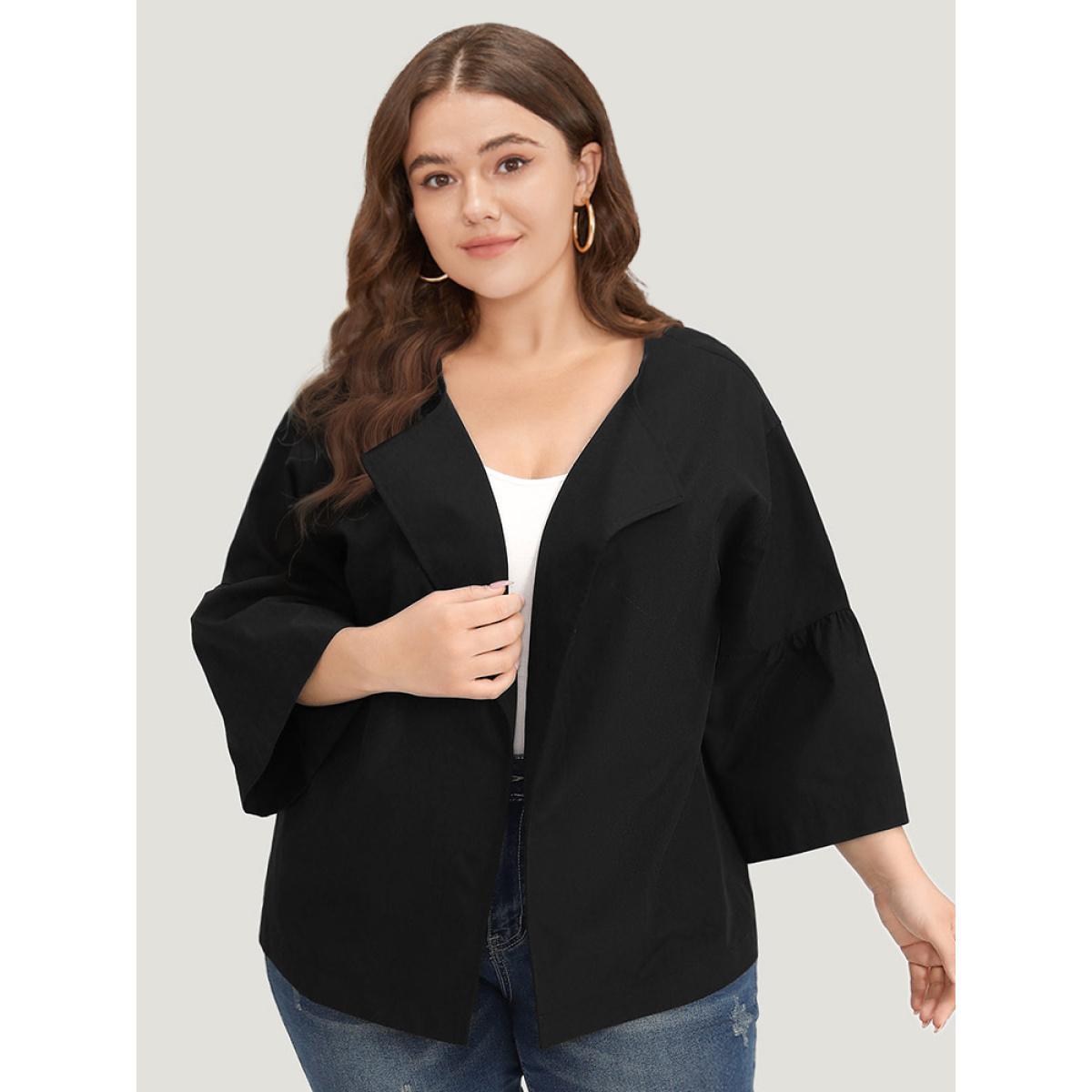 Plus Size Halloween Plain Lapel Collar Ruffle Trim Open Front Jacket Women Black Casual Gathered Dailywear Kimonos BloomChic 14-16/1X Product Image