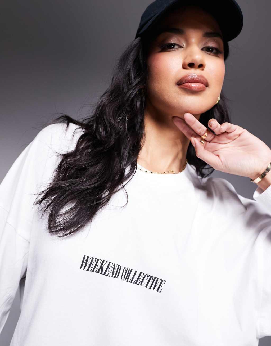Weekend Collective Icon oversized long sleeve T-shirt with stacked back logo in white Product Image