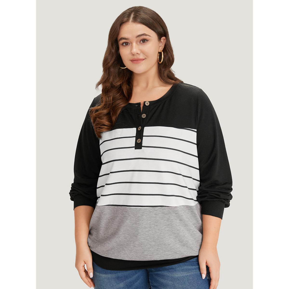Plus Size Striped Contrast Button Up Elastic cuffs Sweatshirt Women Multicolor Casual Elastic cuffs Open Front Dailywear Sweatshirts BloomChic 12/L Product Image