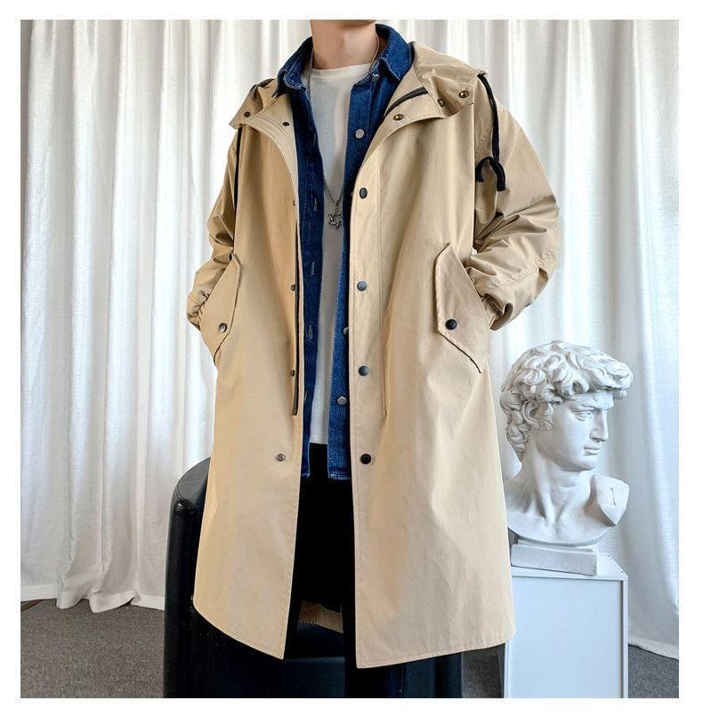 Hooded Button-Up Long Trench Coat Product Image