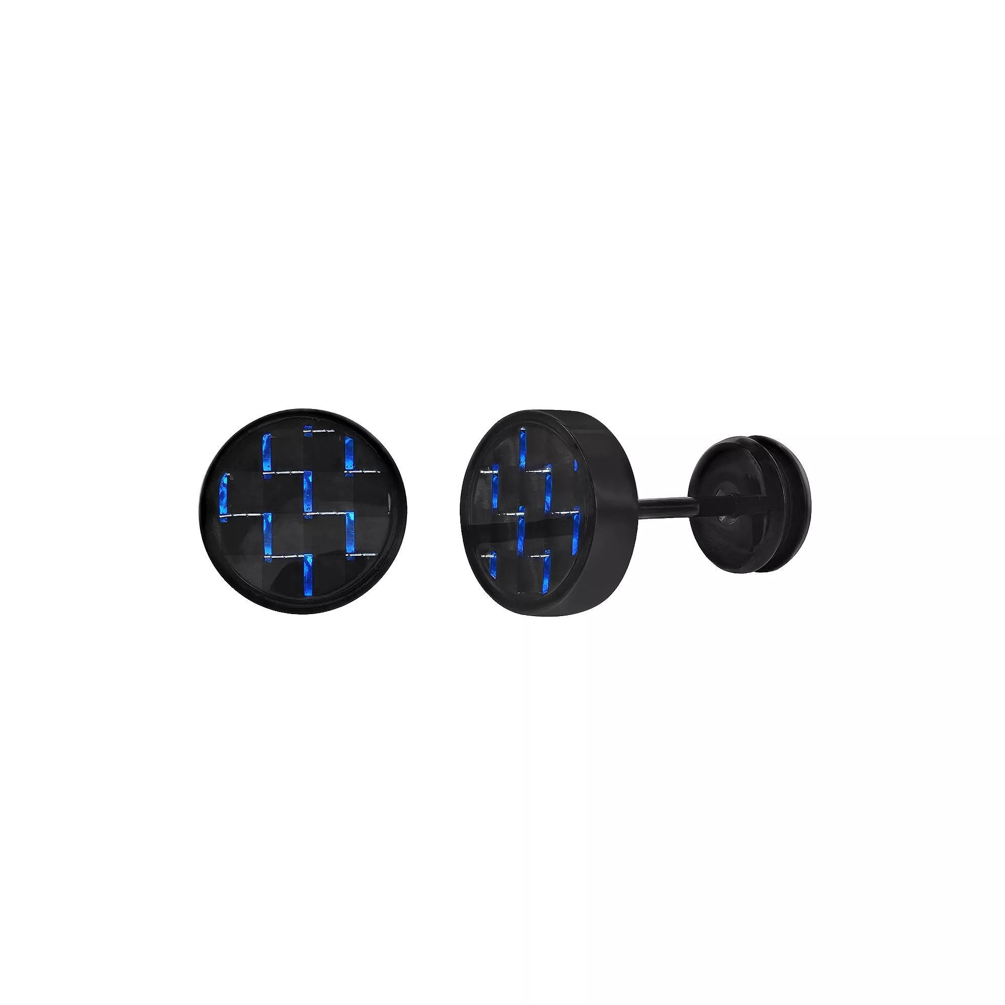Metallo Stainless Steel 10mm Carbon Fiber Earrings, Men's, Blue Black Product Image