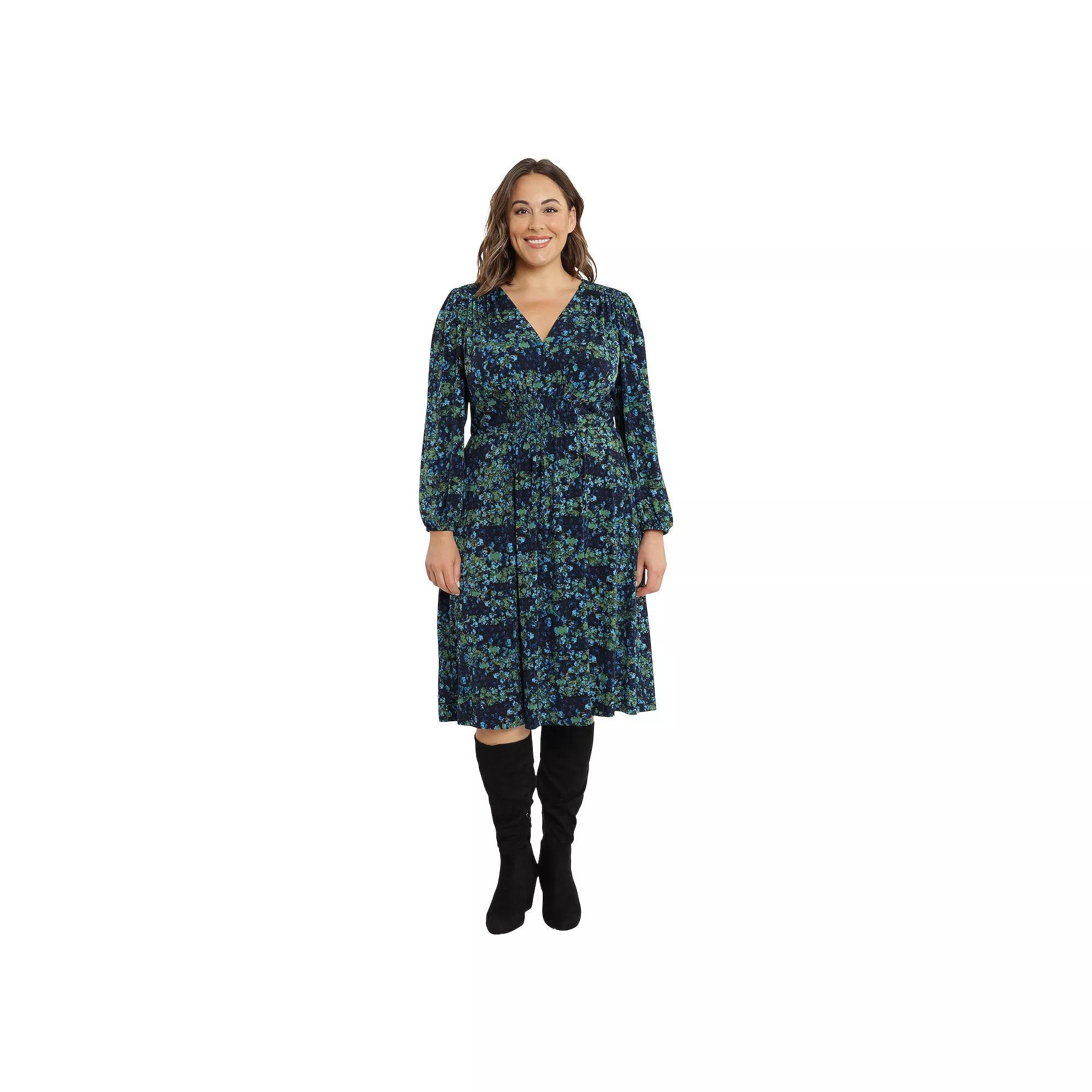 Plus Size London Times V-Neck Smocked Waist Midi Dress, Womens Product Image