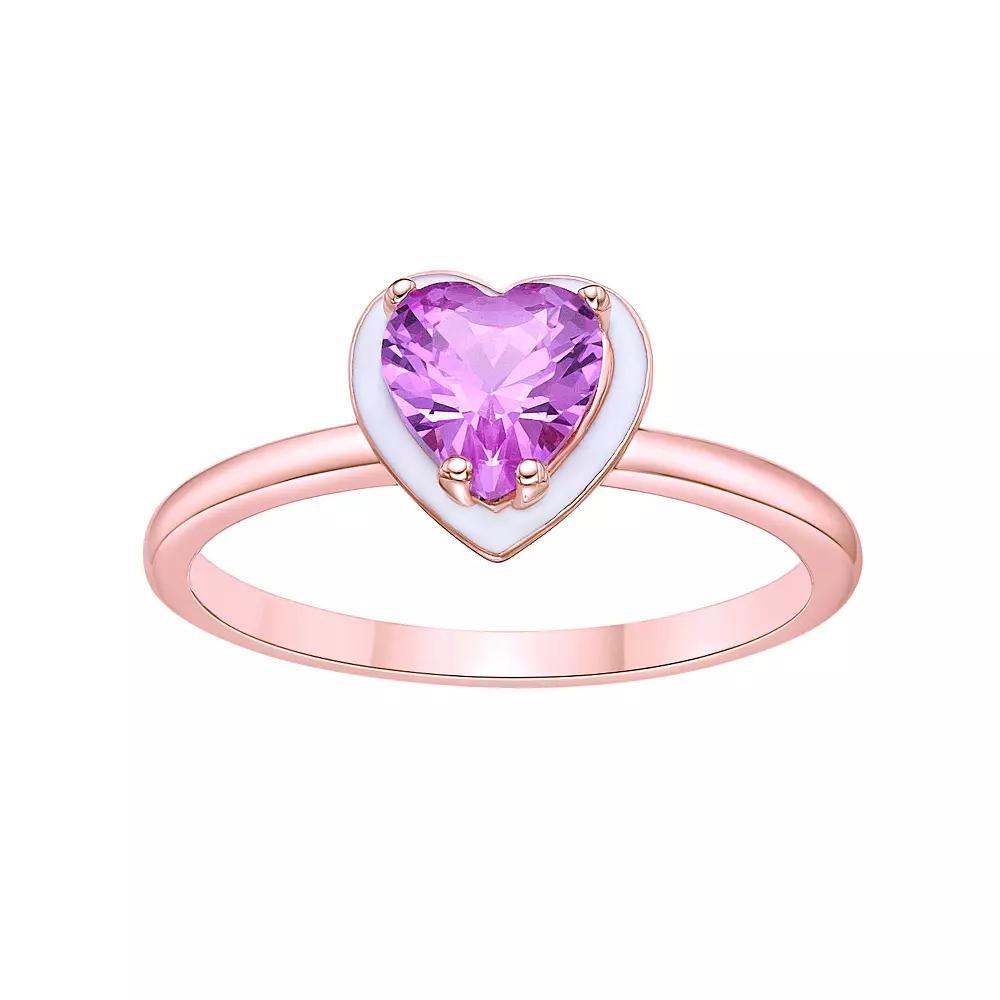 Gemminded 18k Rose Gold Over Silver Lab-Created Pink Sapphire with White Enamel Heart Ring, Women's, Size: 7, Pink Tone Product Image