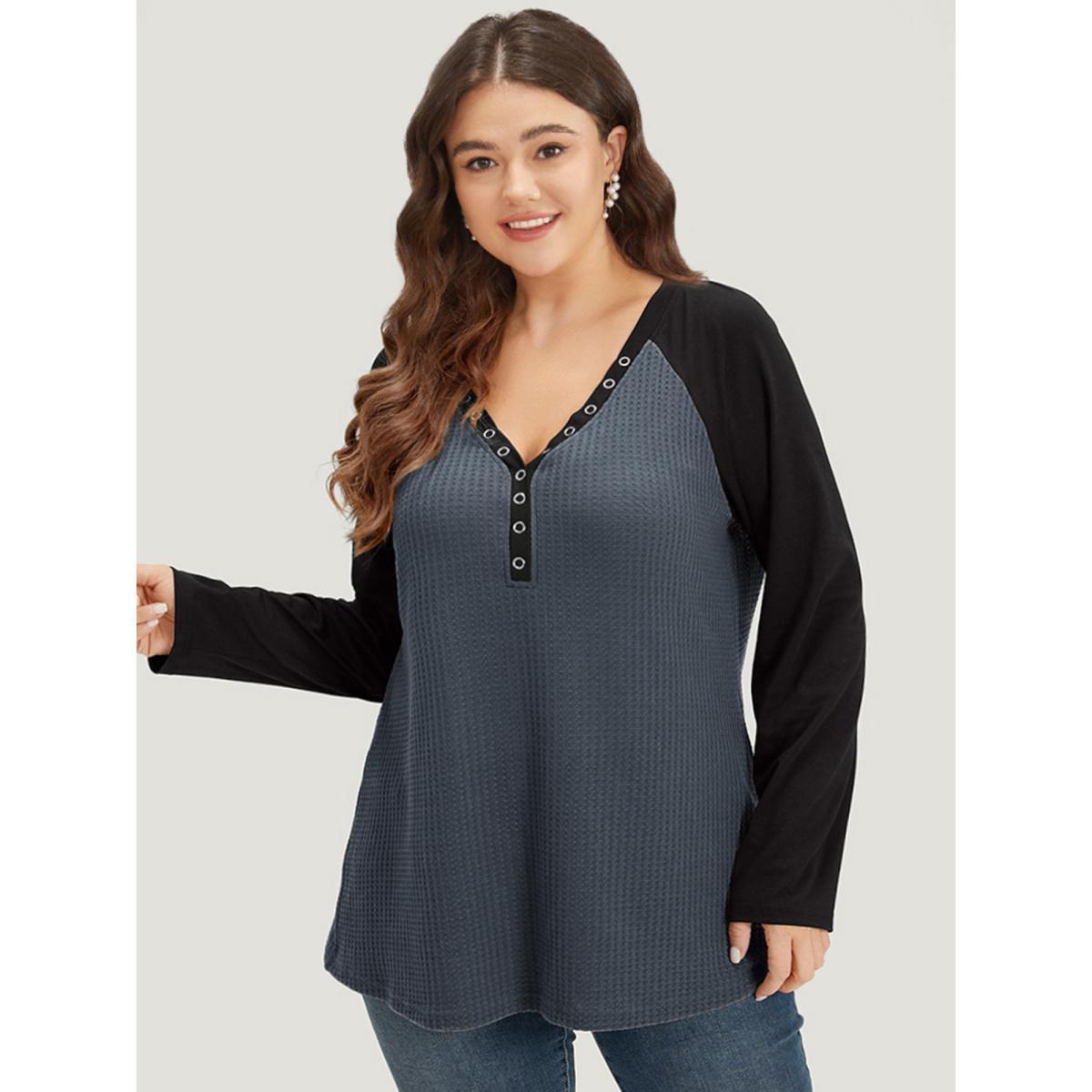 Plus Size Waffle Knit Raglan Sleeve Metal Buckle Detail T-shirt SlateGray Women Casual Contrast Plain V-neck Everyday T-shirts BloomChic 18-20/2X Product Image