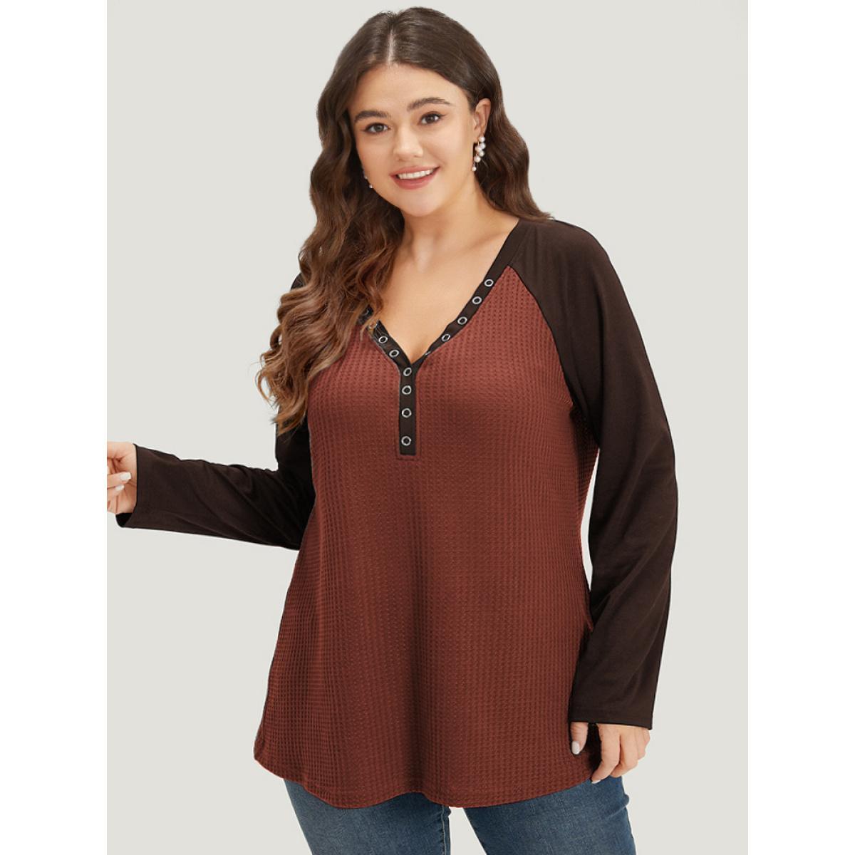 Plus Size Waffle Knit Raglan Sleeve Metal Buckle Detail T-shirt SlateGray Women Casual Contrast Plain Everyday T-shirts BloomChic 30/6X Product Image