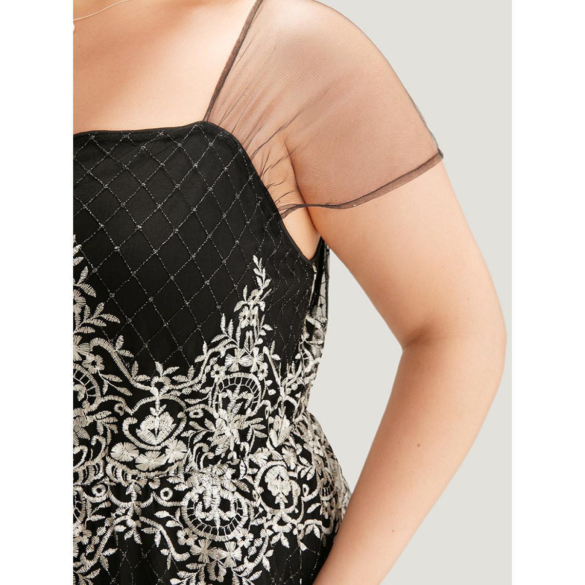 Plus Size Embroidered Pocket Mesh Patchwork Tank Dress Black Women Glamour Texture Square Neck Sleeveless Curvy Midi Dress BloomChic 30/6X Product Image
