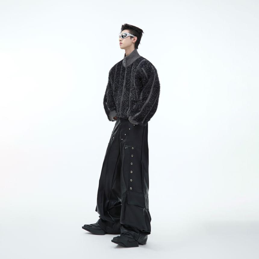 Mock Neck Striped Fluffy Zip Cardigan Product Image