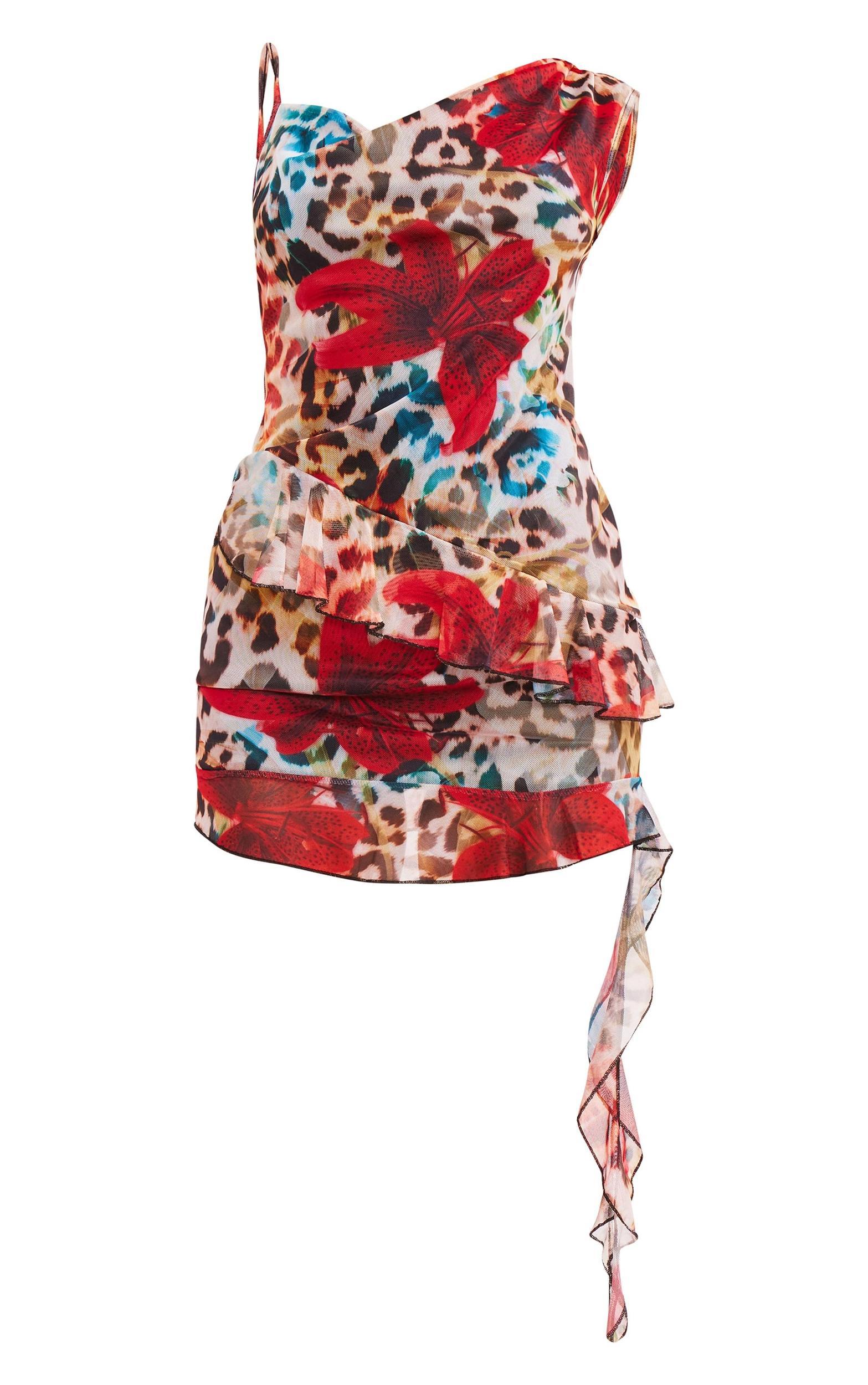 Multi Print Asymmetric Neck Frill Detail Bodycon Dress Product Image