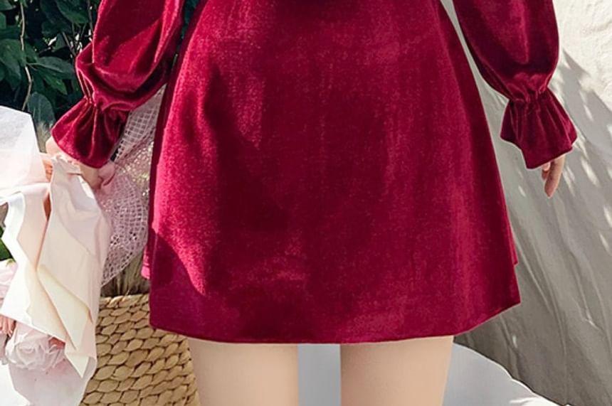 Two-Way Long-Sleeve Velvet Slim-Fit Halter Mini Dress Product Image