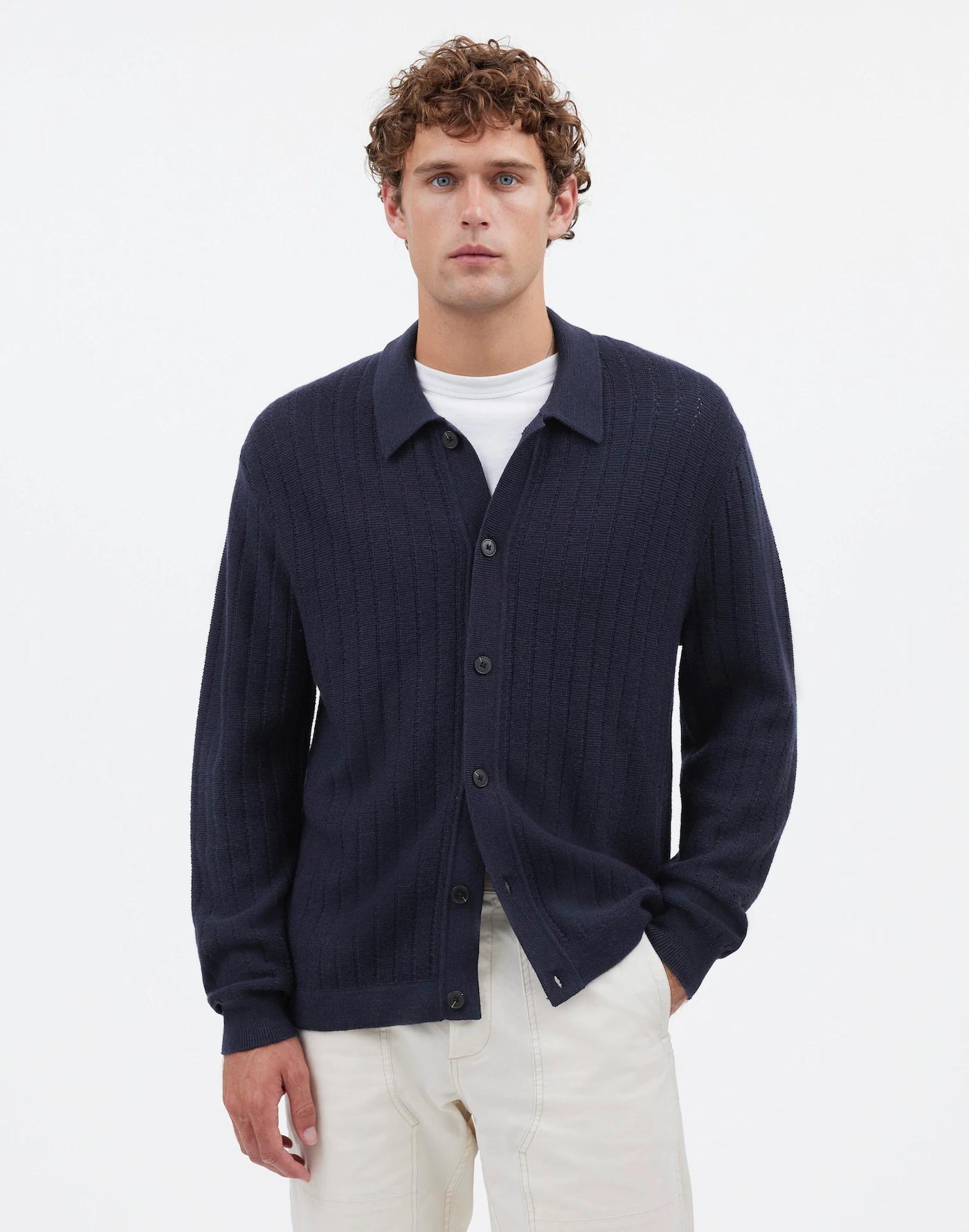 Button-Up Long-Sleeve Polo Shirt in Merino Wool Product Image