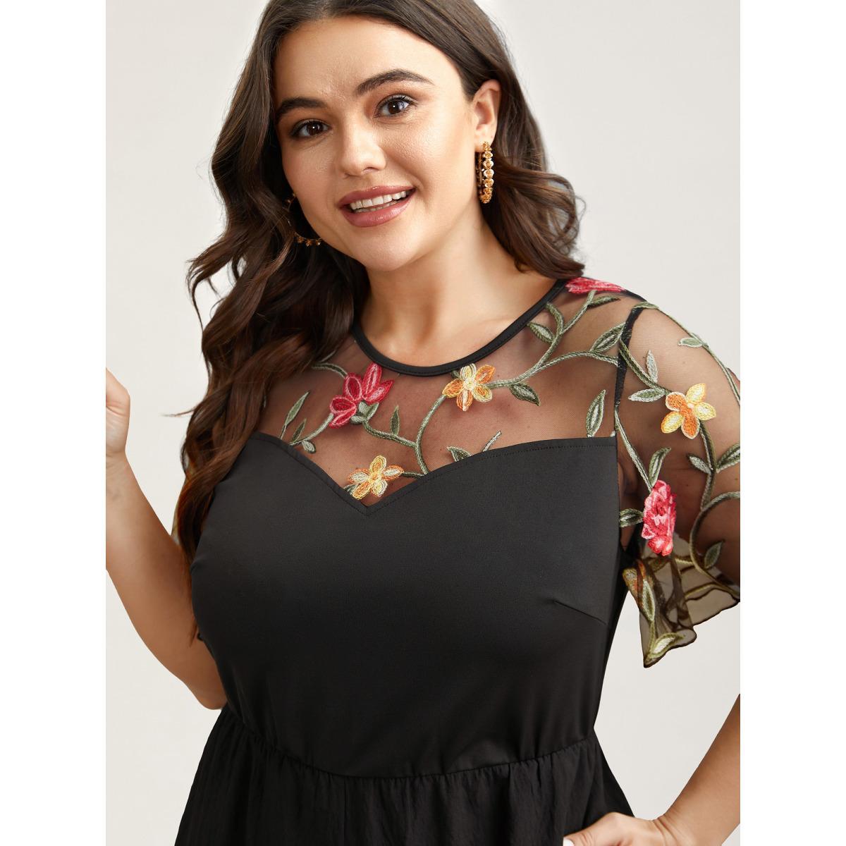 Plus Size Black Floral Mesh Embroidered Flared Jumpsuit Women Elegant Short sleeve Round Neck Everyday-Elegant Loose Jumpsuits BloomChic 28/5X Product Image
