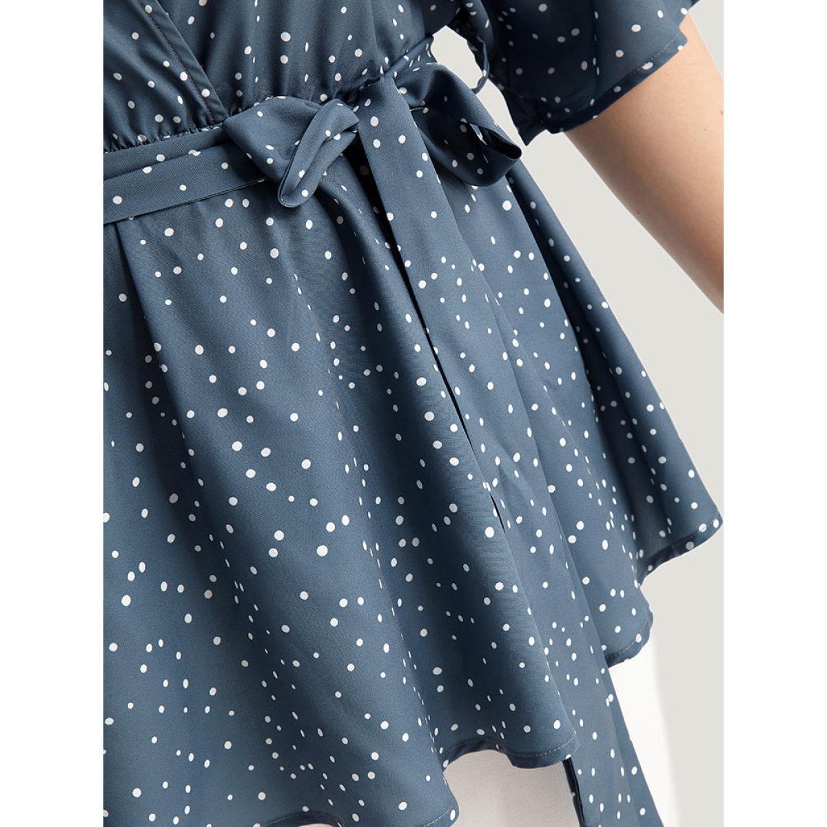 Plus Size Stone Polka Dot Flutter Sleeve Wrap Belted Blouse Women Office Short sleeve V-neck Work Blouses BloomChic 26/4X Product Image