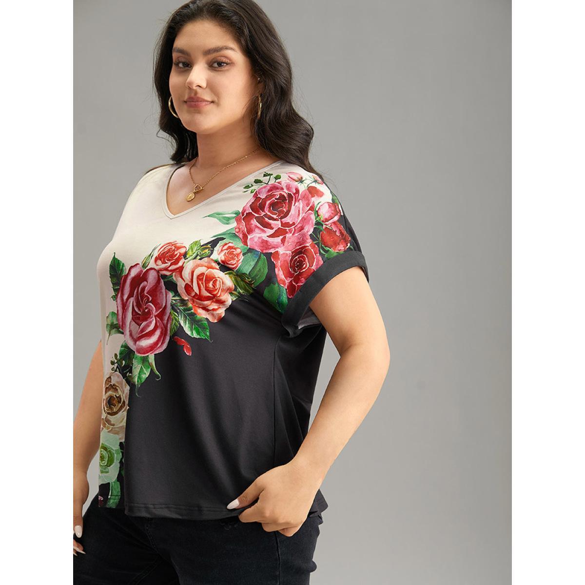 Plus Size Boho Print Roll Batwing Sleeve T-shirt Black Women Casual Contrast Floral V-neck Dailywear T-shirts BloomChic 18-20/2X Product Image