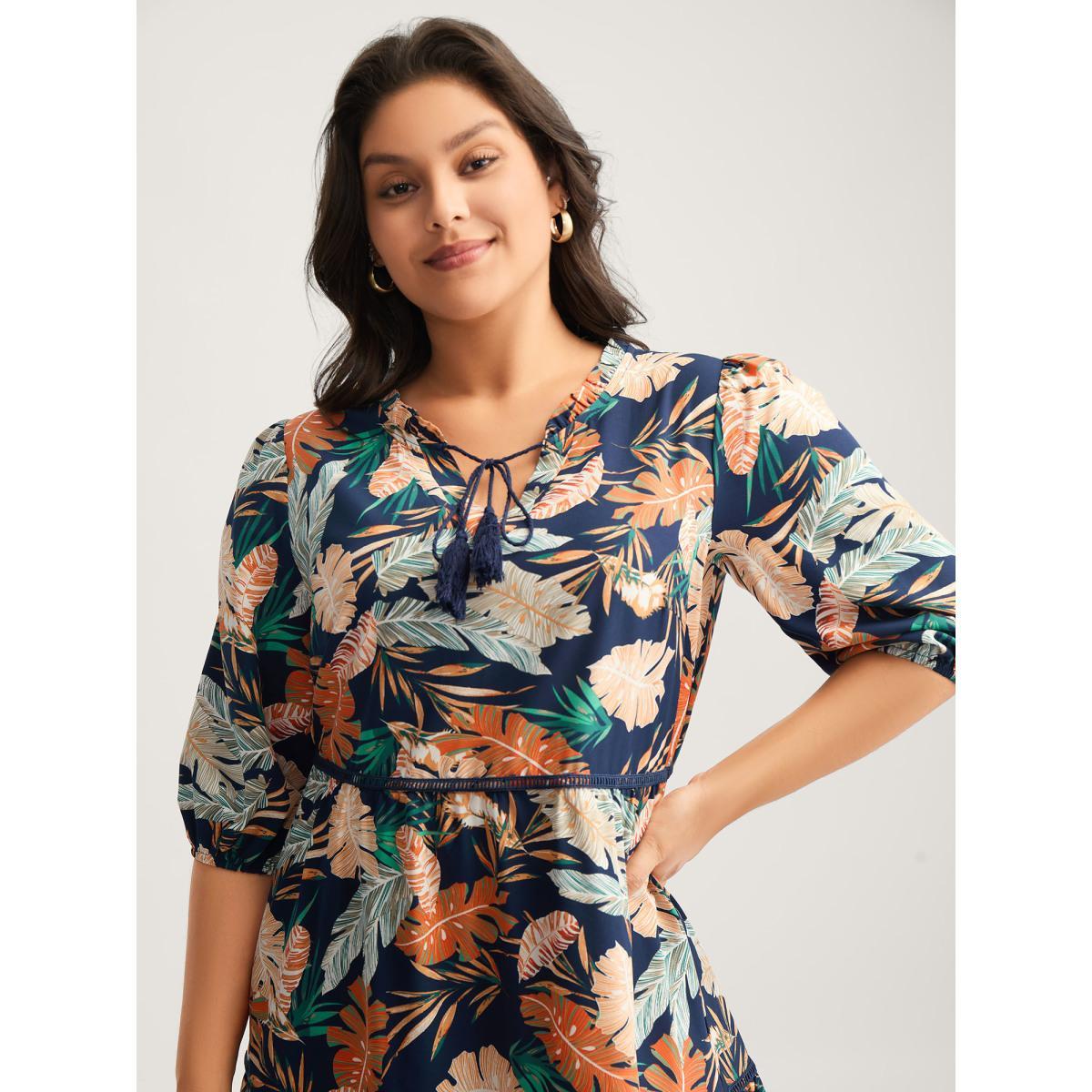 Plus Size Tropical Leaf Print Lace Stretchy Midi Dress Indigo Women Flat collar with V-notch Elbow-length sleeve Curvy BloomChic 12/L Product Image