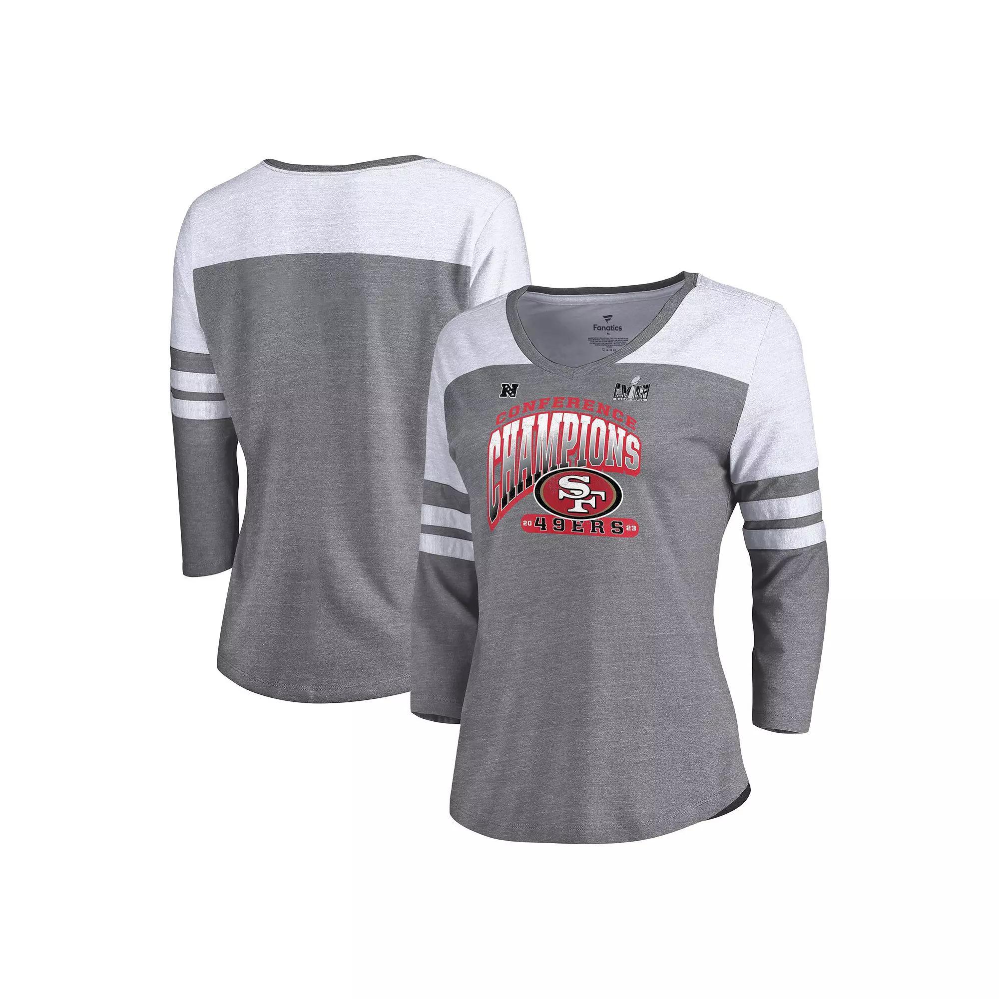 Women's Fanatics Branded  Heather Gray San Francisco 49ers 2023 NFC Champions Hail Mary Tri-Blend 3/4-Sleeve V-Neck T-Shirt, Size: Medium, Grey Product Image
