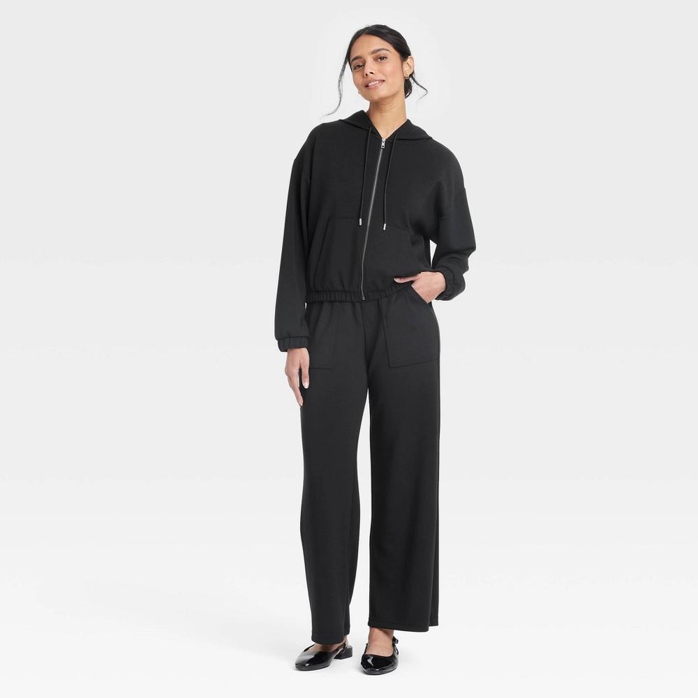 Women's Sandwash Hooded Zip-Up Sweatshirt - A New Day™ Black M: Modal Blend, Kangaroo Pocket, Drawstring Hood Product Image