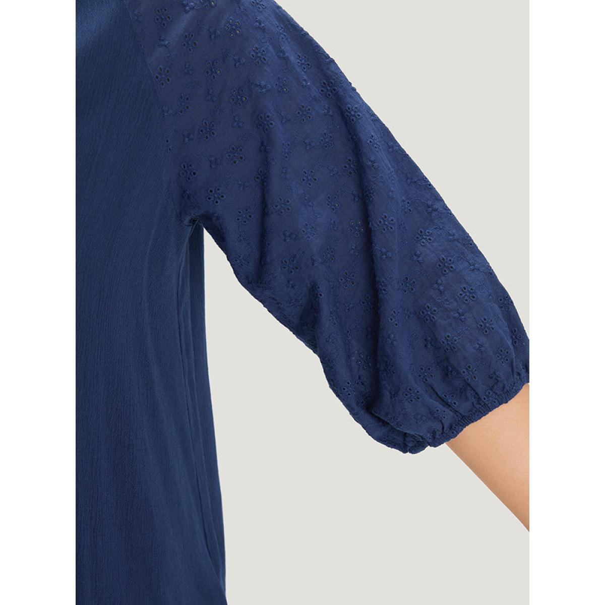 Plus Size Indigo Solid Button Up Patchwork Notched Lantern Sleeve Blouse Women Office Elbow-length sleeve Notched collar Work Blouses BloomChic 12/L Product Image