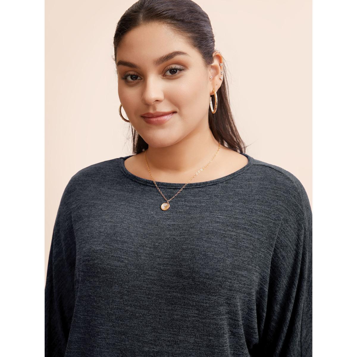 Plus Size Plain Heather Elastic cuffs Dolman Sleeve T-shirt Gray Women Casual Elastic cuffs Plain Round Neck Everyday T-shirts BloomChic 28/5X Product Image