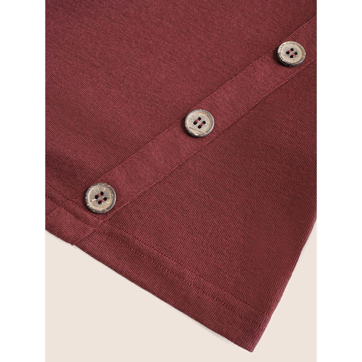 Plus Size Two Tone Patchwork Button Front T-shirt Burgundy Women Casual Contrast Plain Round Neck Dailywear T-shirts BloomChic 26/4X Product Image