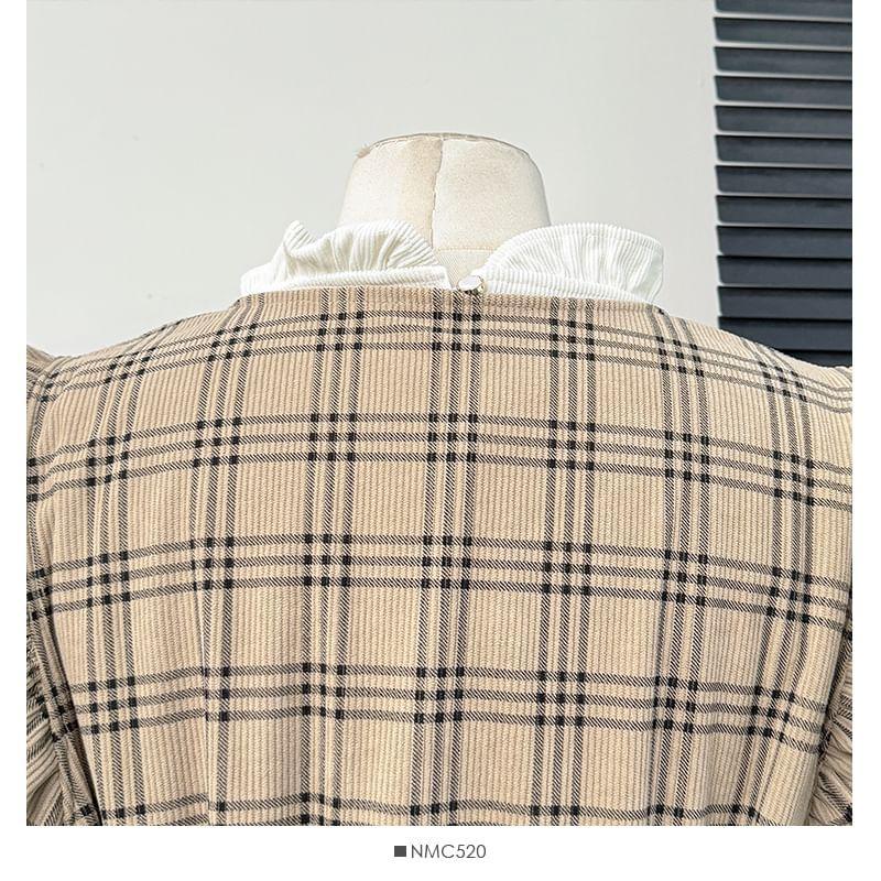 Plaid Ruffle-Trim Midi Shirtdress / Ruffled Loose Blouse Product Image