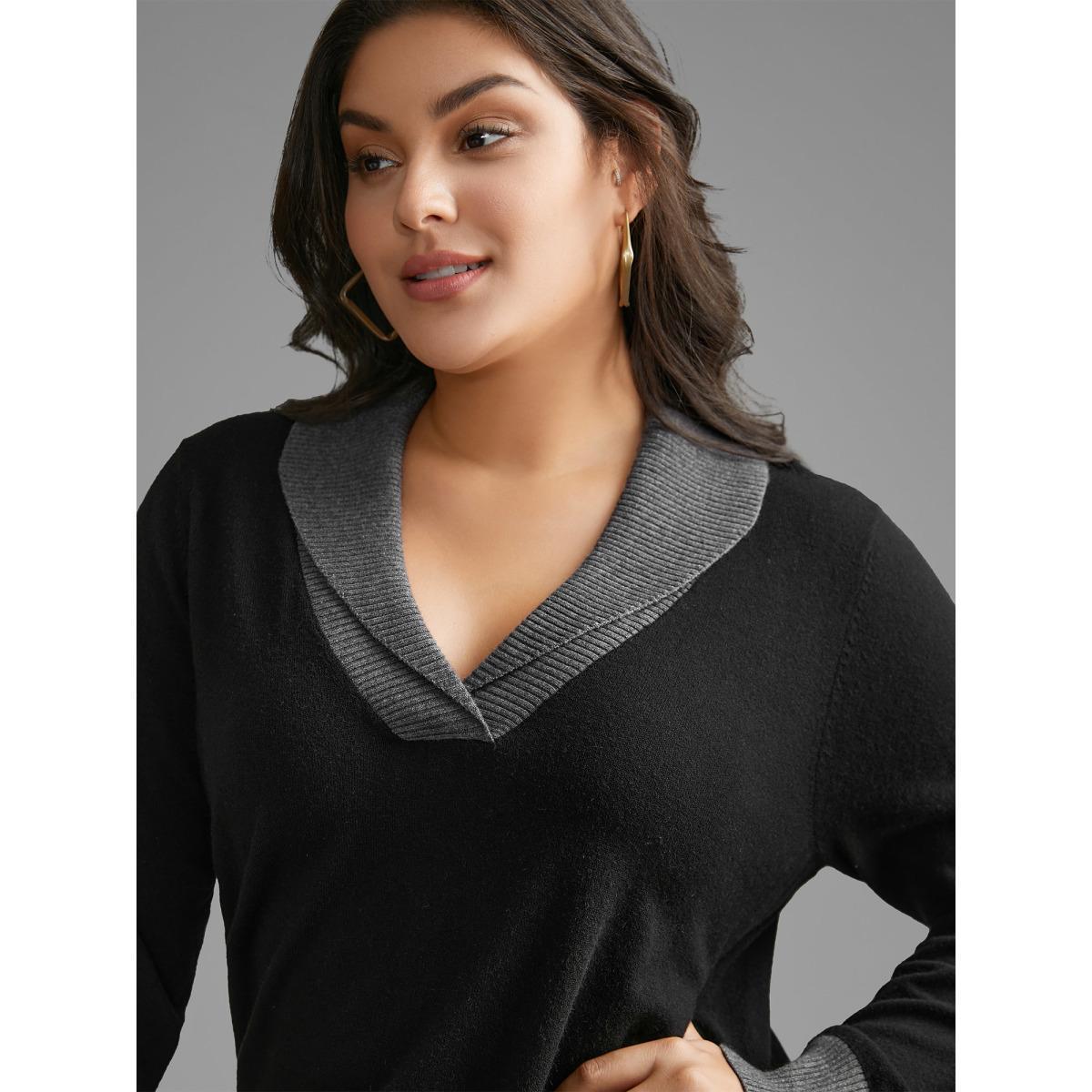 Plus Size Contrast Overlap Collar Button Detail Pullover Black Women Casual Loose Long Sleeve Overlap Collar Everyday Pullovers BloomChic 14-16/1X Product Image