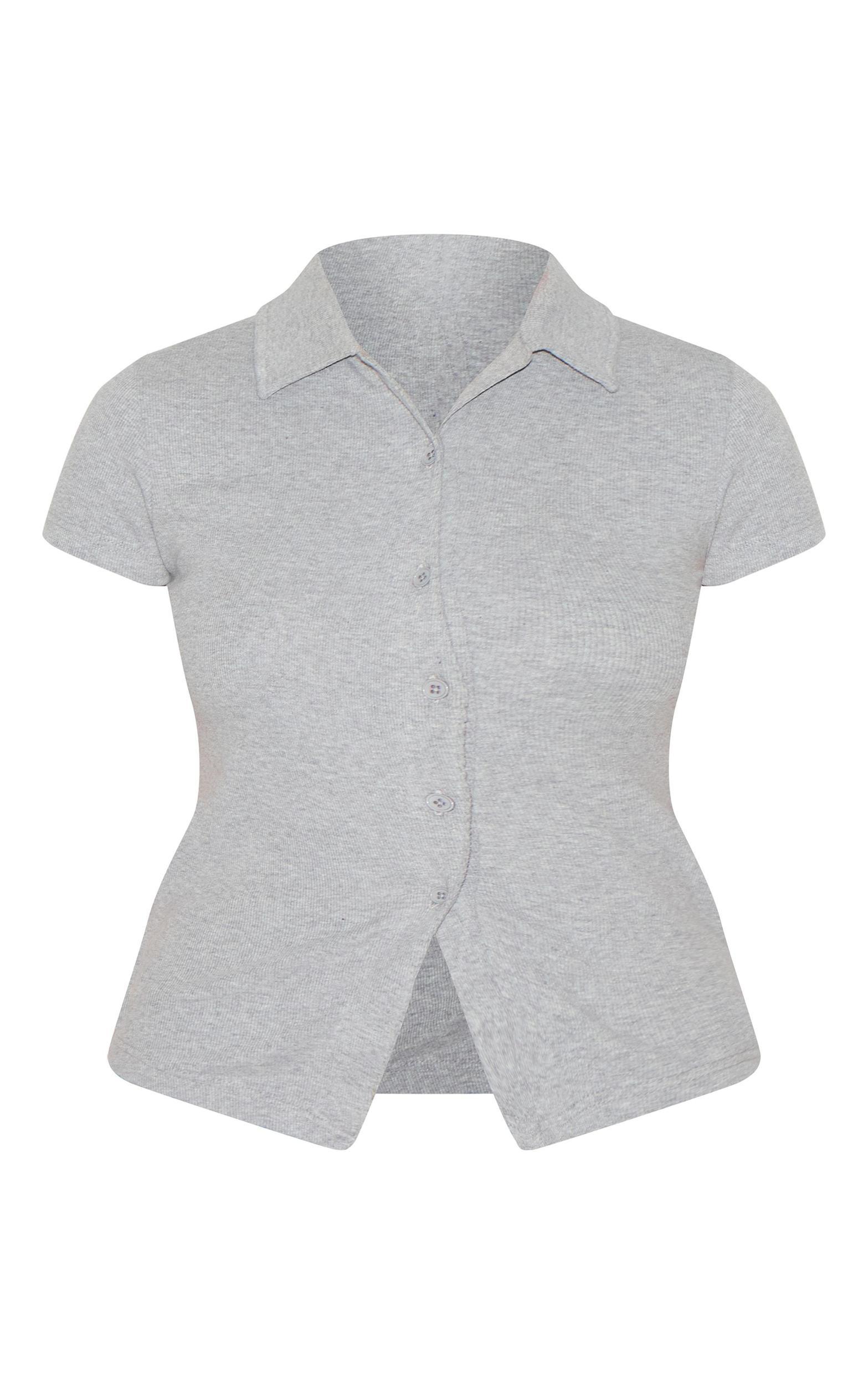 Grey Marl Rib Asymmetric Button Detail Fitted Polo Top Product Image