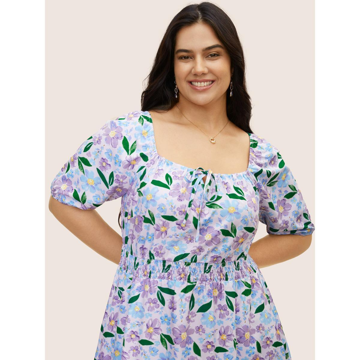 Plus Size Floral Tie Knot Lantern Sleeve Midi Dress Lilac Women Elegant Tie knot Square Neck Short sleeve Curvy BloomChic 26/4X Product Image
