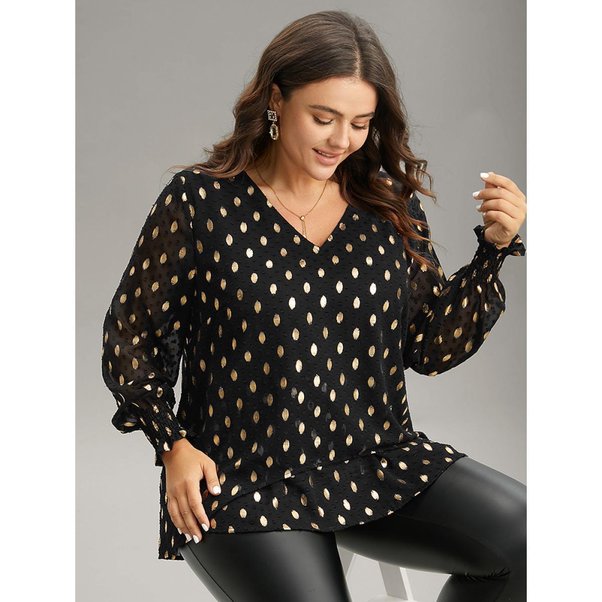 Plus Size Black Glitter Polka Dot Textured Shirred Tiered Blouse Women Glamour Long Sleeve V-neck Party Blouses BloomChic 28/5X Product Image