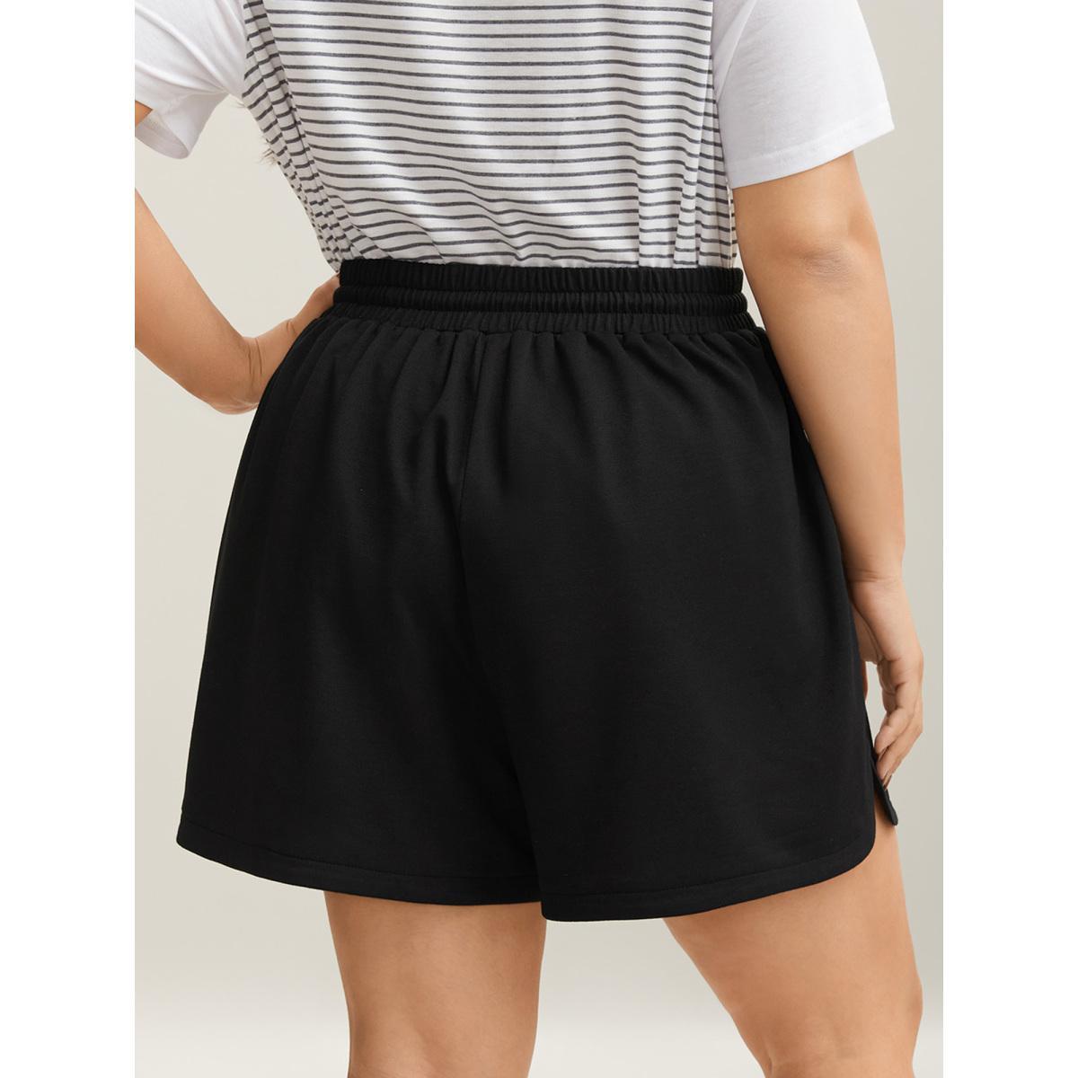 Plus Size Drawstring Slit Supersoft Pull-On Shorts Women Black Casual Drawstring Loose Everyday Shorts BloomChic 10/M Product Image