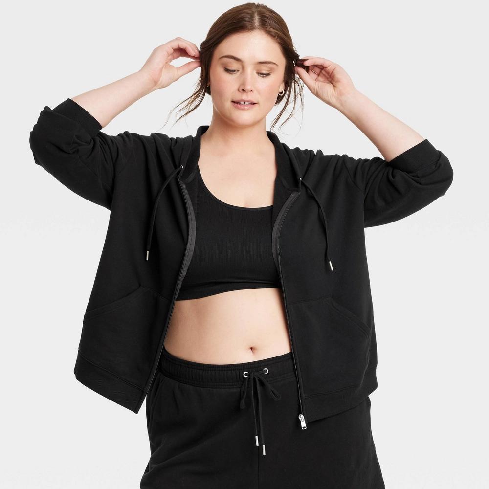 Women's Fleece Zip-Up Sweatshirt - Auden™ Black 3X: Hooded Knit Midweight with Front Pocket Product Image