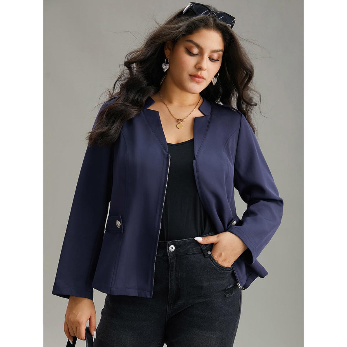Plus Size Plain Button Detail Notched Zipper Blazer Indigo Women Work Plain Plain Sleeve Long Sleeve Notched collar 14-16/1X At the Office Blazers BloomChic Product Image