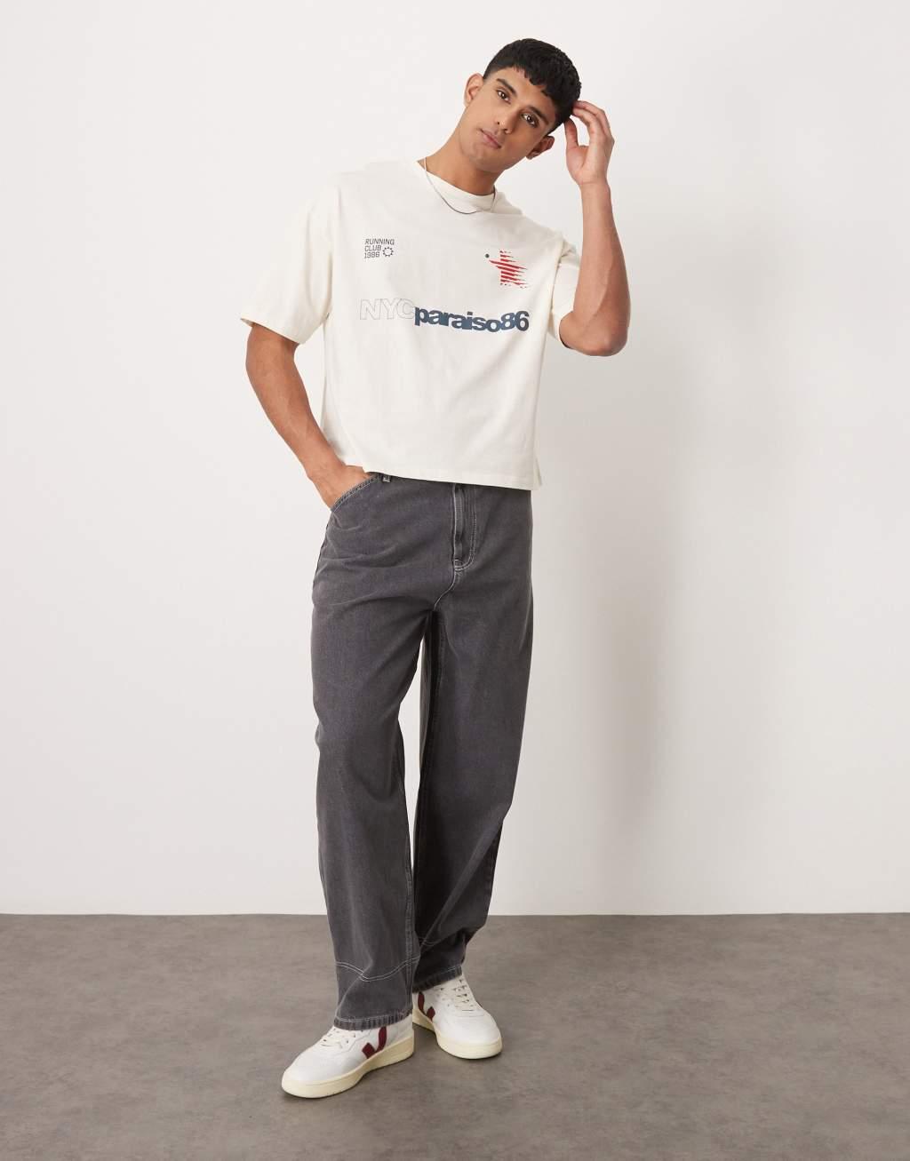 ASOS DESIGN boxy oversized t-shirt with sports graphic in cream Product Image
