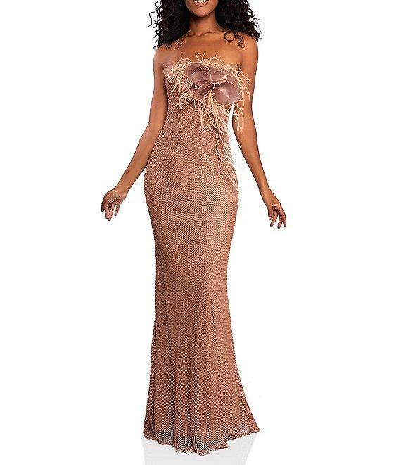 Terani Couture Strapless Sleeveless Feather Embellished Mermaid Gown Product Image