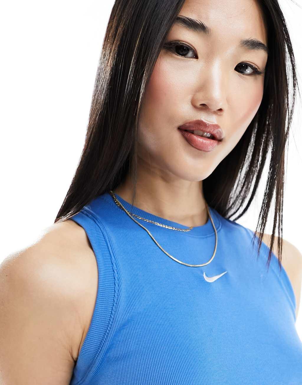 Nike Essentials ribbed cropped tank top in blue  Product Image