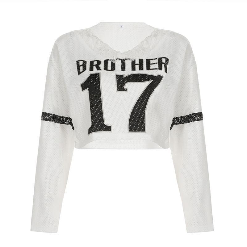 Long Sleeve V-Neck Lace Panel Numbering Print Loose-Fit Crop Sweatshirt Product Image