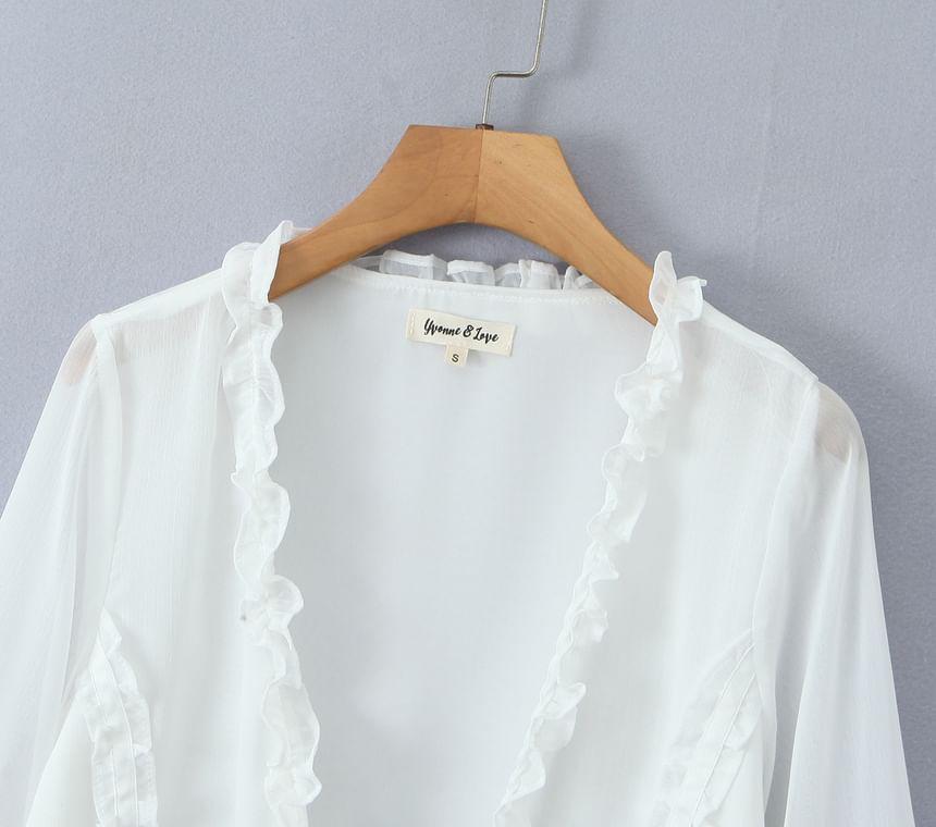 V-Neck Frill Trim Open Front Light Jacket Product Image