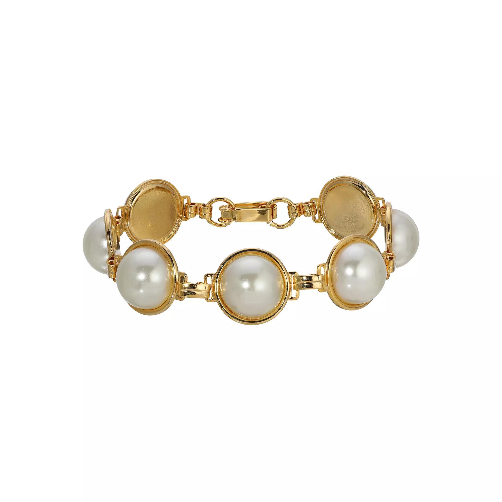 1928 Gold Tone Simulated Pearl Link Statement Bracelet, Womens, White Product Image