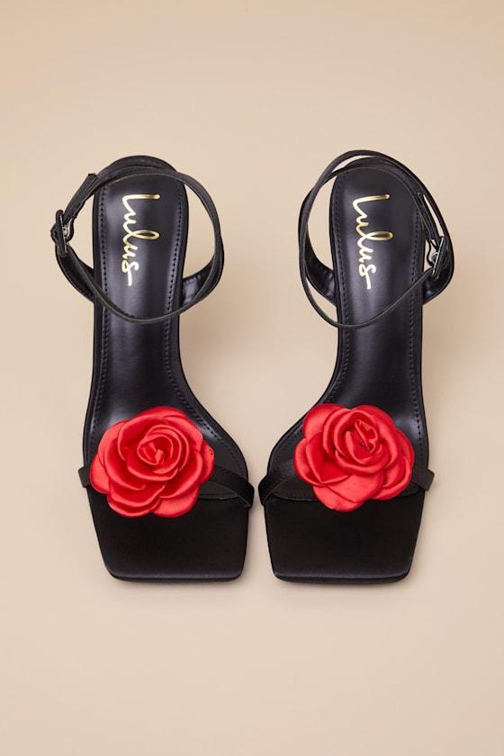 Aerianna Black and Red Satin Rosette Ankle Strap Sandals Product Image