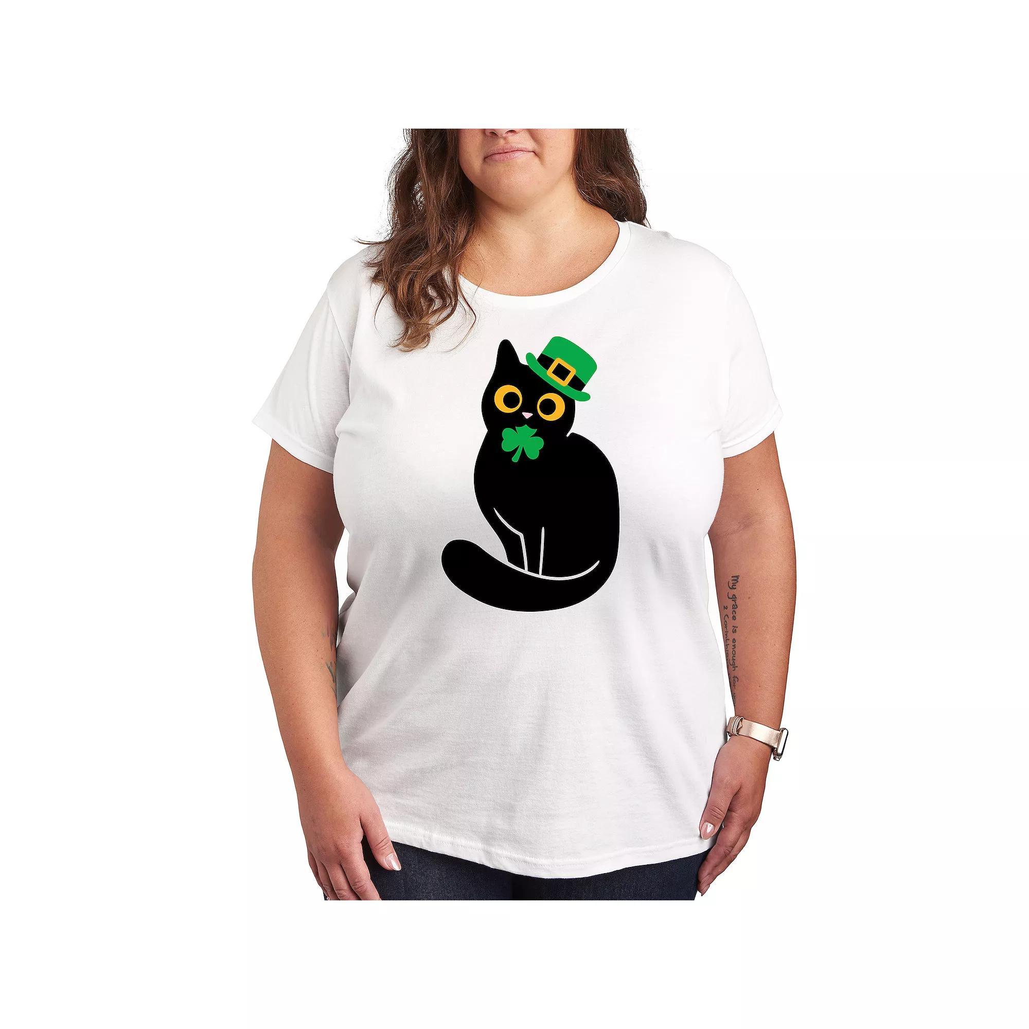 Plus Black Cat Holding Clover Graphic Tee, Womens Grey Gray Product Image