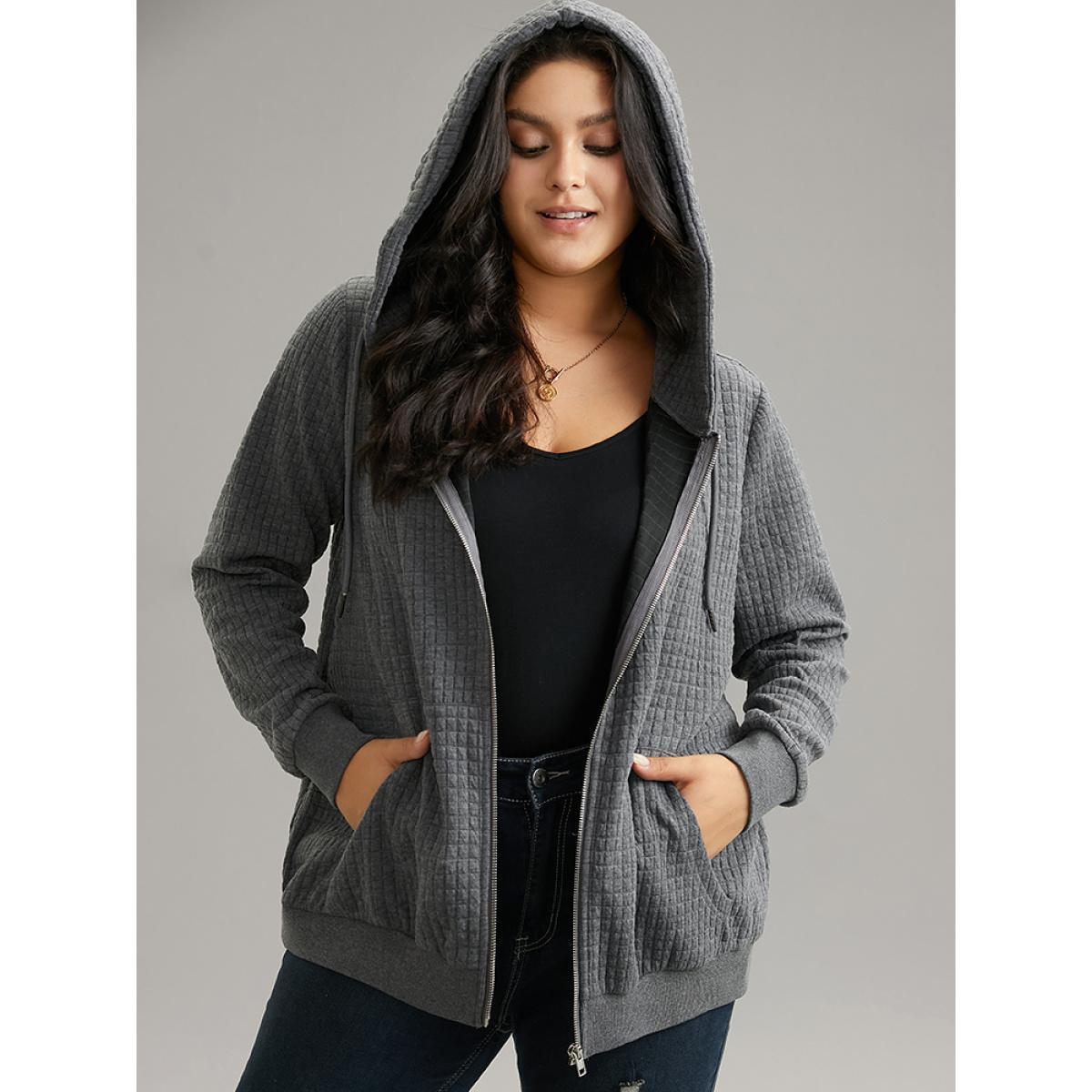 Plus Size Plain Zipper Drawstring Jacquard Jacket Women Gray Plain Pocket Everyday Jackets BloomChic 22-24/3X Product Image