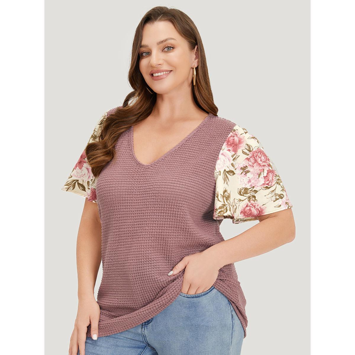 Plus Size Waffle Knit Pacthwork Flutter Sleeve T-shirt DustyPink Women Elegant Patchwork Floral V-neck Dailywear T-shirts BloomChic 18-20/2X Product Image