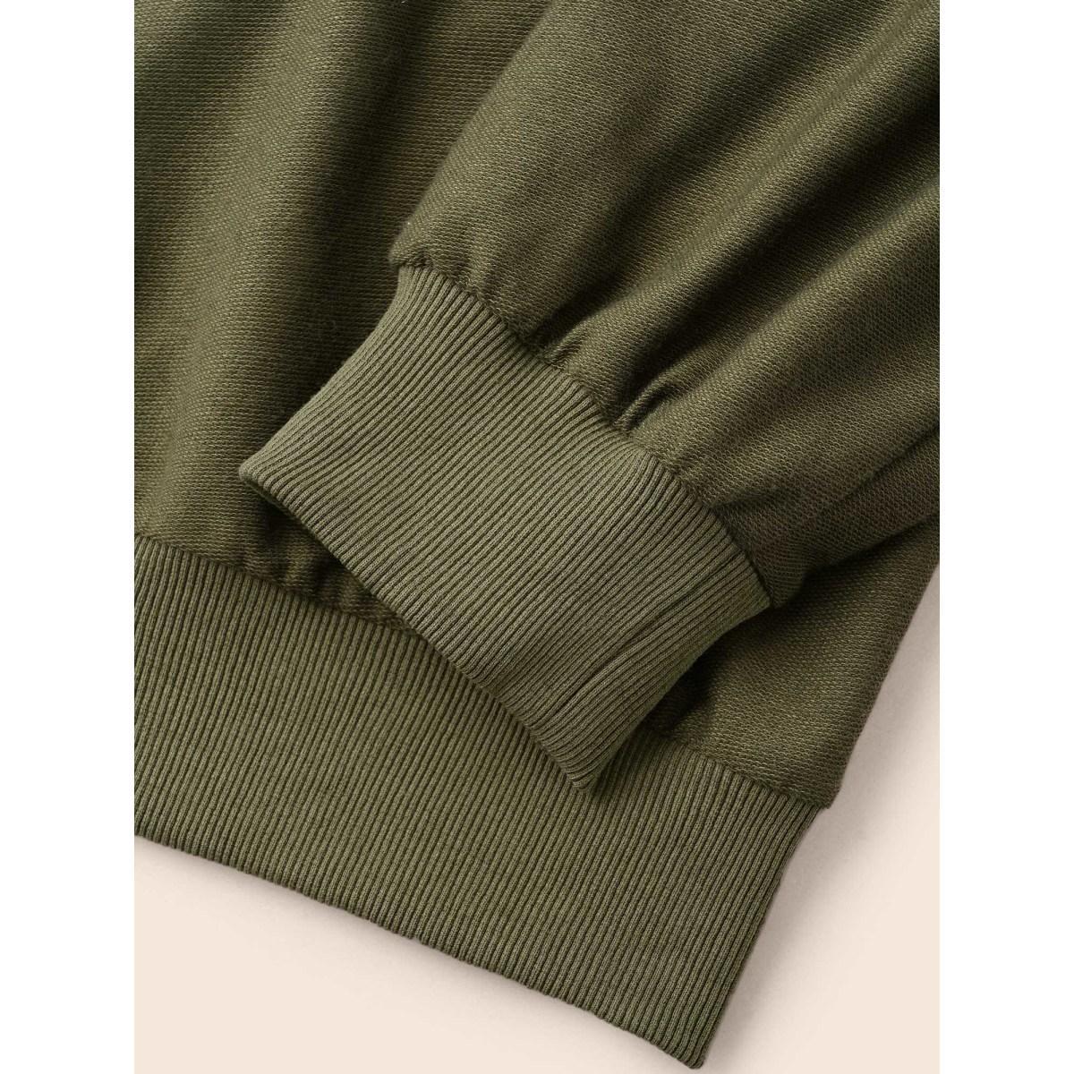Plus Size Solid Button Up Raglan Sleeve Hooded Sweatshirt Women ArmyGreen Casual Patchwork Hooded Everyday Sweatshirts BloomChic 30/6X Product Image