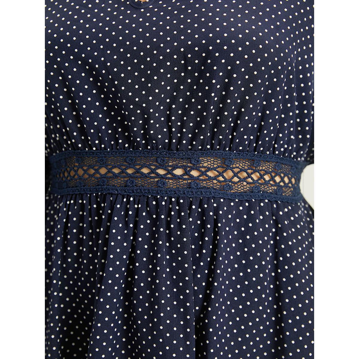 Plus Size Polka Dot Keyhole Lace Panel Dress Indigo Women Office Elastic cuffs Keyhole Cut-Out Long Sleeve Curvy Knee Dress BloomChic 12/L Product Image