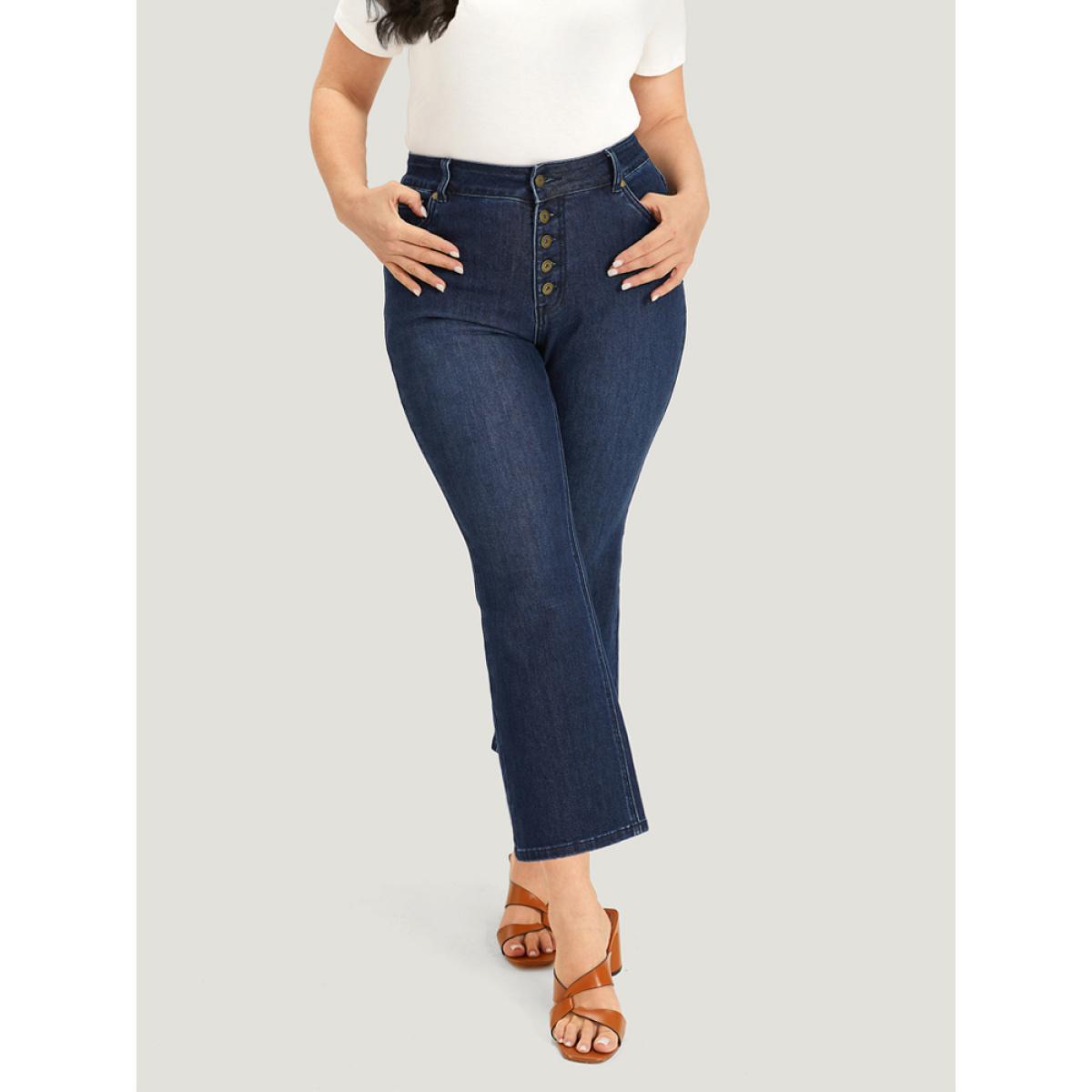 Plus Size Plain Button Fly High Rise Bootcut Jeans Women DarkBlue Casual Plain Plain Medium stretch Pocket Jeans BloomChic 22/3X Product Image