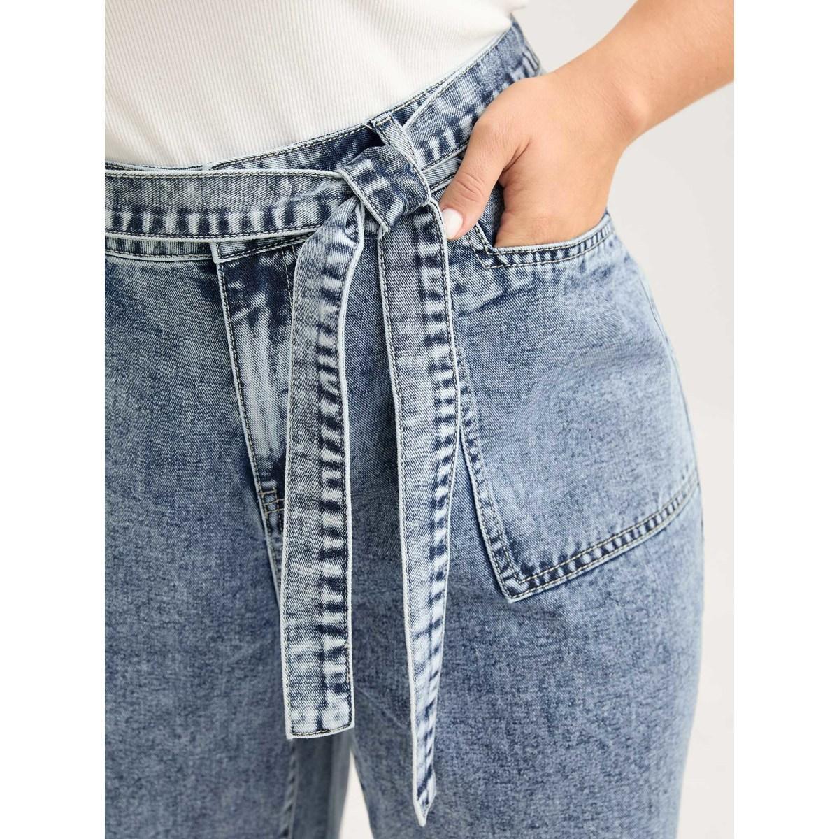 Plus Size Waist Belted Pockets Boyfriend Jeans Women Midblue Low stretch Slanted pocket Jeans BloomChic 14/1X Product Image