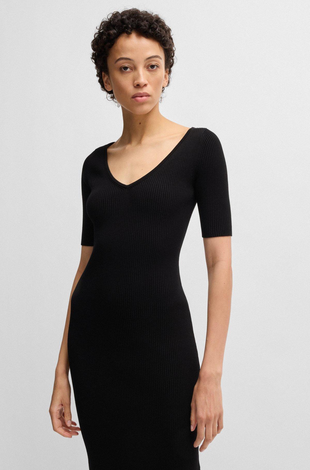 BOSS - Knitted dress with V neckline in stretch yarns - Black Product Image