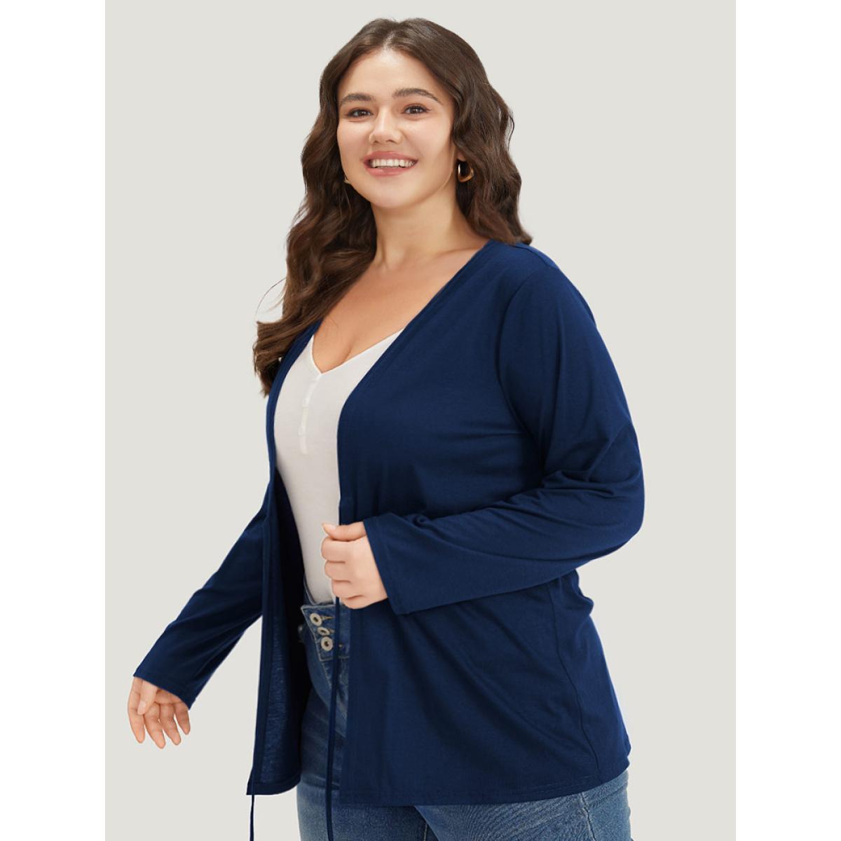 Plus Size Plain Ties Open Front Kimono Women DarkBlue Casual Plain Everyday Kimonos BloomChic 22-24/3X Product Image