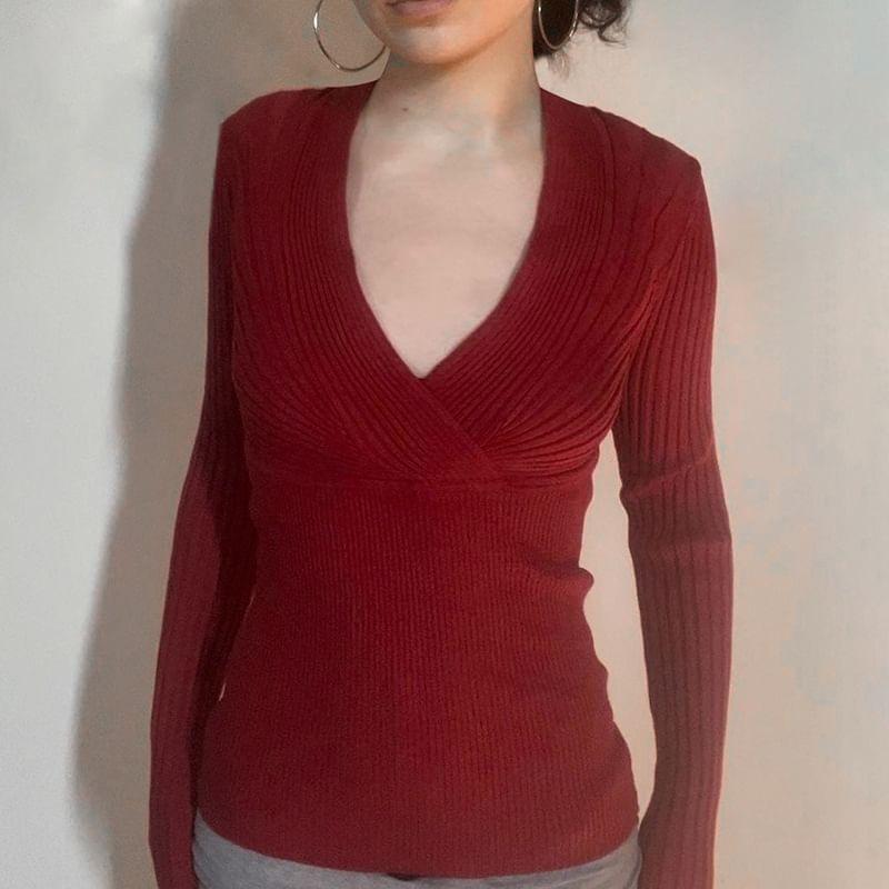 Long Sleeve V-Neck Plain Ribbed-Knit Slim-Fit Top Product Image