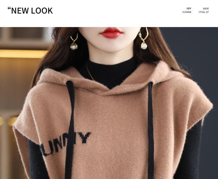 Lettering Print Drawstring Hooded Sweater Vest Product Image
