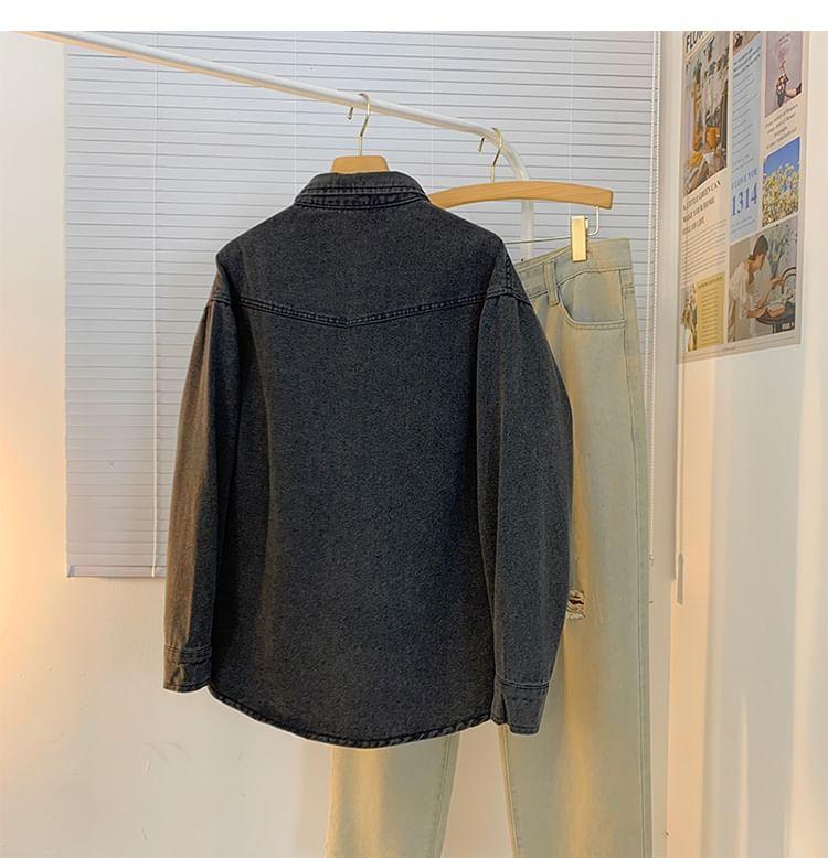Long Sleeve Collared Washed Denim Cargo Shirt Product Image